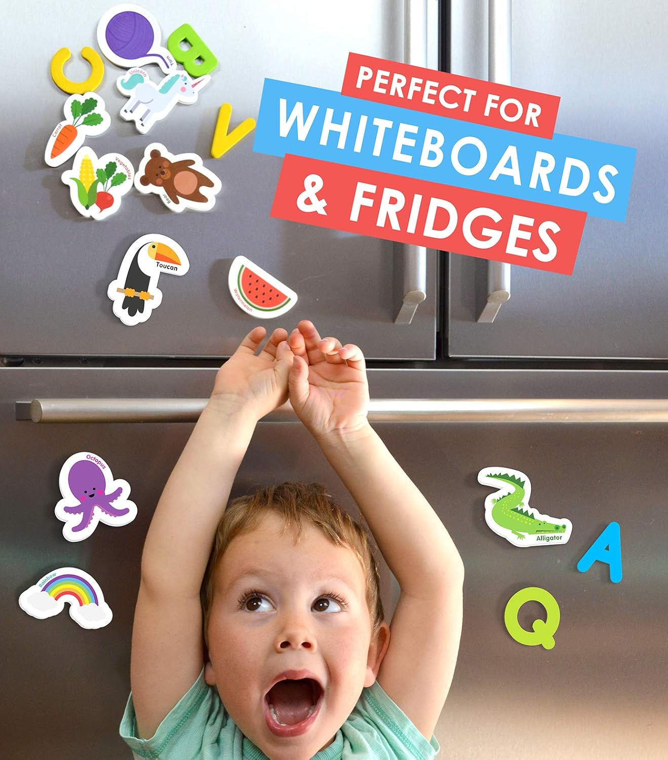 Curious Columbus Magnetic Objects and Letters. Set of 78 Foam Magnets Including 52 Pictures and 26 Uppercase Alphabet Magnets from A-Z. Educational Toy for Preschool Learning