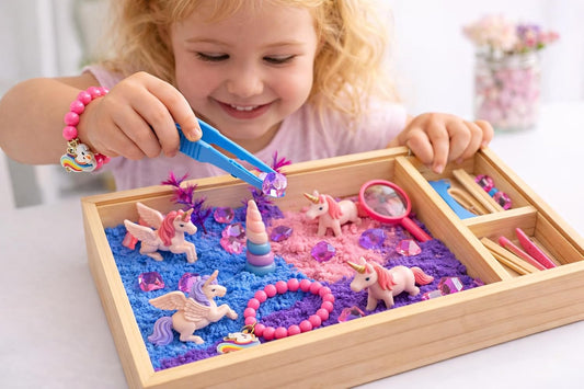 DIY jr Unicorn Sensory Kit for Kids – Montessori Sensory Bin with Moldable Sand, Unicorn Toys, Wooden Play Box, STEM Fine Motor Toy for Girls Ages 3-7, Unicorn Gift Set with Gems, Wand & Tools