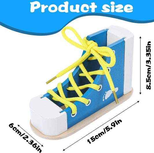 Learn to Tie Shoes for Kids Wooden Lacing Sneaker Educational Toy Safe & Reusable Wooden Shoe Tying Practice Kit Wood Lacing Sneaker Toy for Tie-Up Shoe Practice Threading Montessori Toys(Blue)