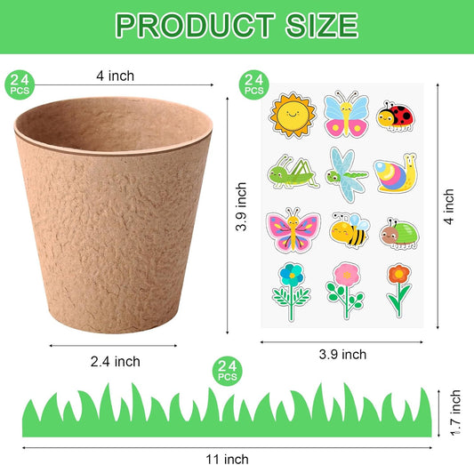 72 Pcs 4 Inch Garden Paper Pot Craft Kit Spring Crafts Bulk Including Round Paper Mache Pots Adhesive Foam Sticker EVA Grass Sticker Mother's Day DIY Planting Growing Garden Kit