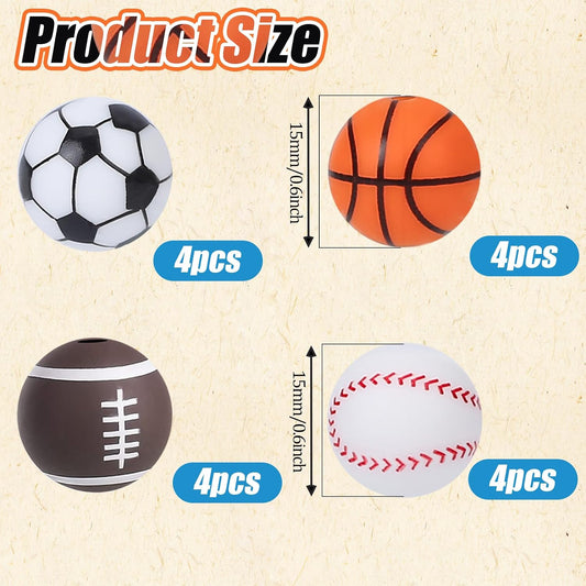 16 PCS Sports Beads, Multicolor 15mm Silicone Beads for Keychain Making Silicone Sports Bead Football Basketball Bead for Bracelet Necklace DIY Crafts Jewelry Supplies Scrapbooking