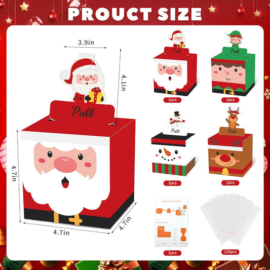 4 Pack Christmas Money Box for Cash Gift Pull Christmas Surprise Money Holder Boxes with Pull Out Cards Santa Claus DIY Cash Gift Box with 120 Transparent Bags for Adult Kids Holiday DIY Set