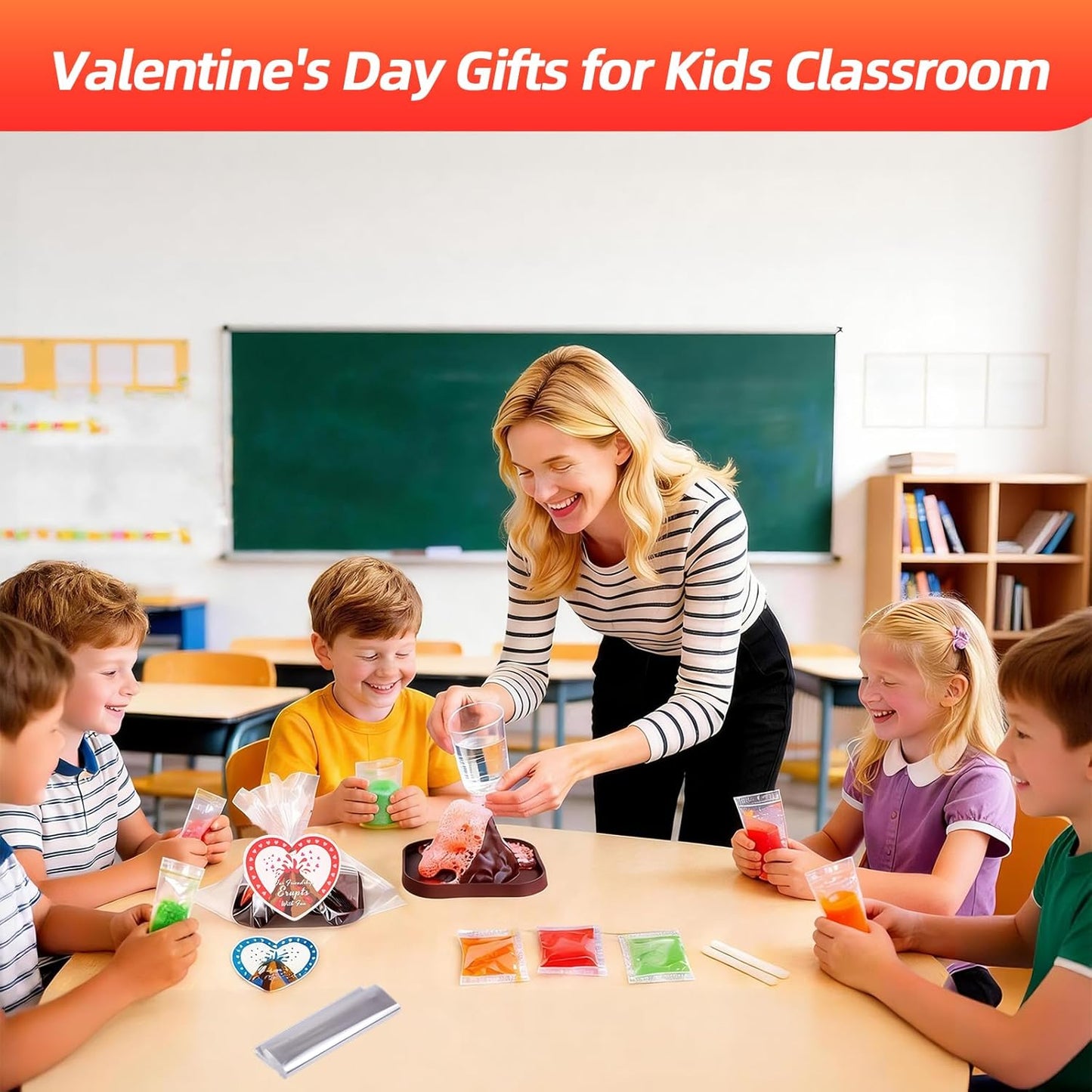 Valentines Day Gifts for Kids Classroom: 24 Pack Erupting Volcano Science Kit with Cards, 4 Lava Colors, STEM Educational Toys for Boys Girls Classroom Exchange Gifts Prizes School Party Favors