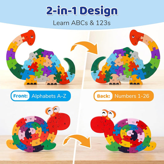 LovesTown Wooden Puzzles for Kids, Double Sided Snail & Dinosaur Jigsaw Set with Alphabet & Numbers, Montessori Educational Toy for Toddlers, Chunky Animal Gift