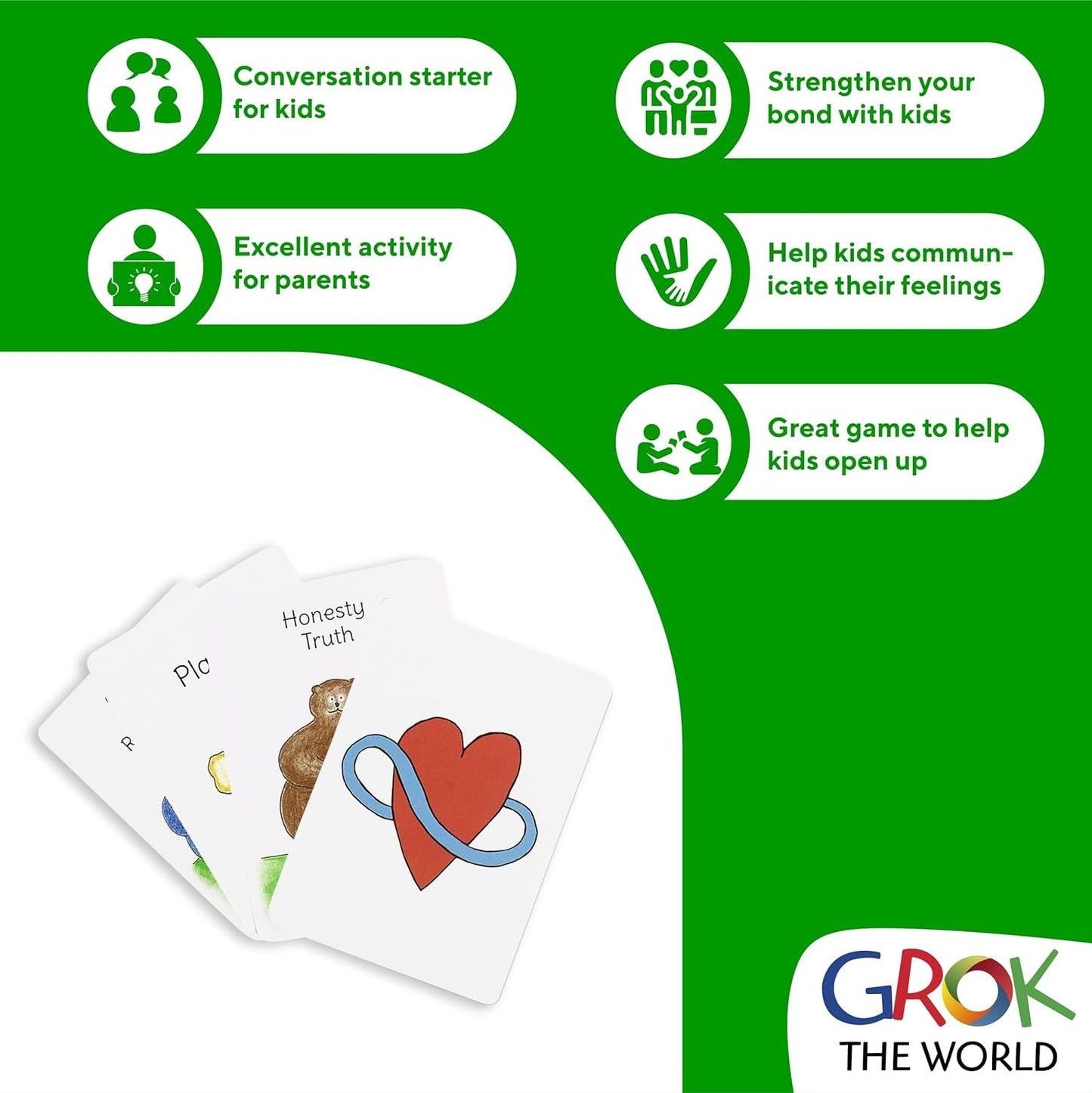 GROK Kids Conversation Cards for Ages 3-10 | Children Play to Learn, Build Confidence, and Express Emotions | Learning Aid for Parents and Professionals | 22 Games, Booklet Included
