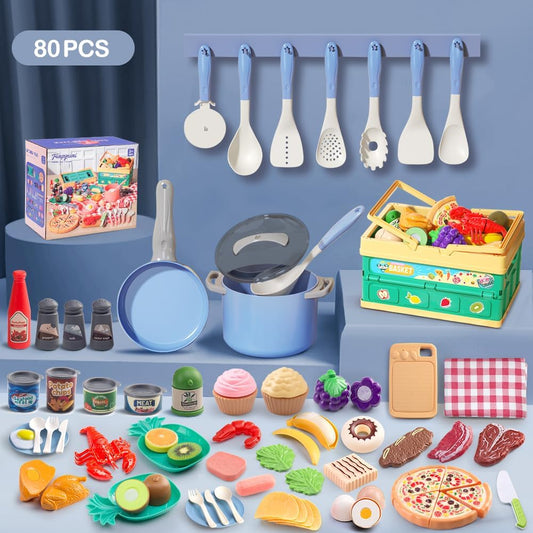 130Pcs Kitchen Playset, Toddler Pretend Cooking Play Pots, Pans, Utensils Cookware, Daily Food Fruit Veges, Shopping Storage Basket, Dessert, Prop Money, Learning Gift for Child (Pink)