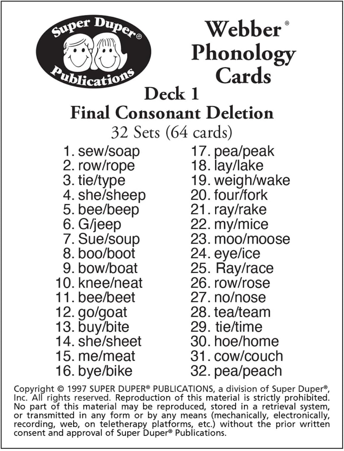 Super Duper Publications | Webber® Illustrated Phonology Final Consonant Deletion Minimal Pair Card Deck | Educational Learning Resource for Children