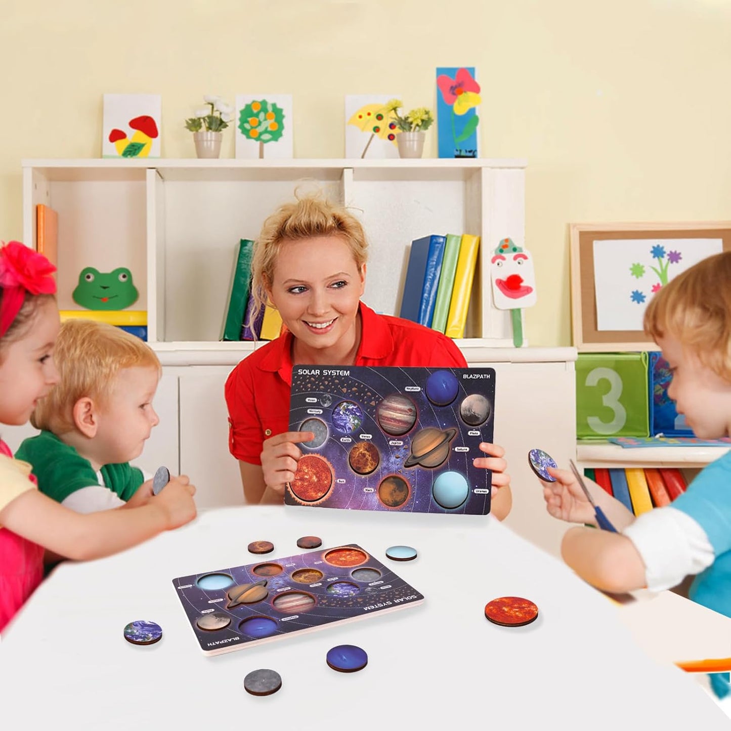 Solar System Wooden Puzzle Toys for Kids 3-5, Toddler Outer Space Montessori Planet Toys Gifts for Girls & Boys, Preschool Solar System Learning Planet Wood Puzzle Board Sensory STEM Game