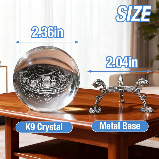 3D Solar System Crystal Ball with Stand 60mm Laser Engraved Glass Sphere Planet Model Decor Space Universe Gifts for Astronomy Lovers