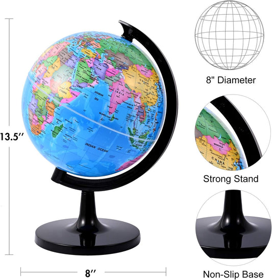 Wizdar 8'' World Globe for Kids Learning, DIY Assemble Educational Rotating World Map Globes Large Size Decorative Earth Children Globe for Classroom Geography Teaching, Desk and Office Decoration