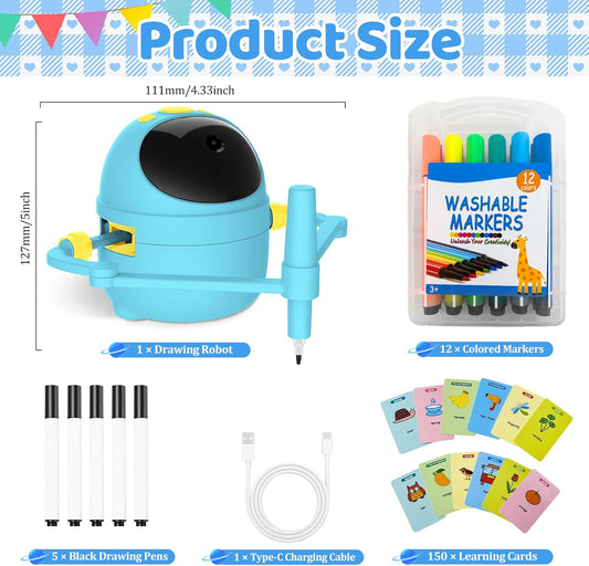 Drawing Robot for Kids with 150 Learning Cards and 17 Colorful Pens, Voice Interactive Educational Smart Art Painting Machine, Step-by-Step Drawing Guidance for Boys Girls Early Learning & STEM Toys