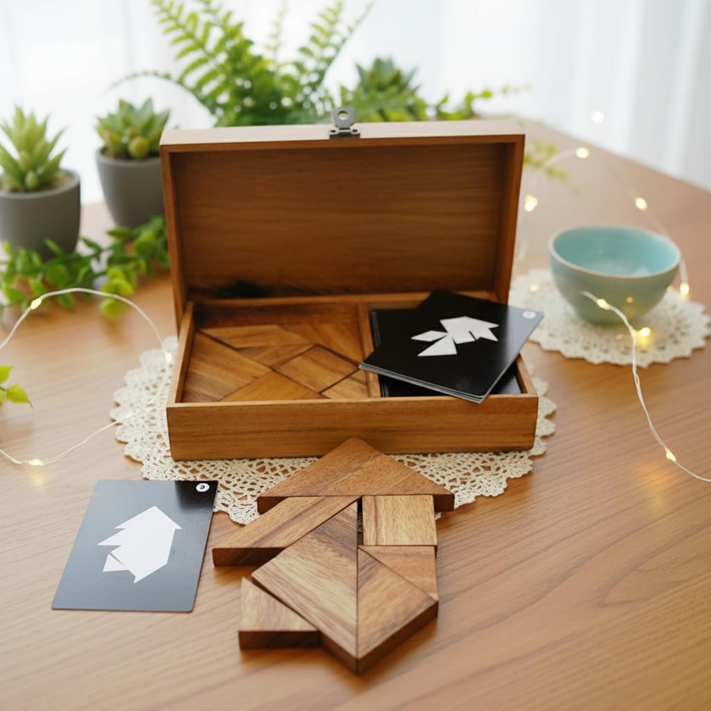 Logic Tangram Set with Play Cards Wooden Puzzle Game