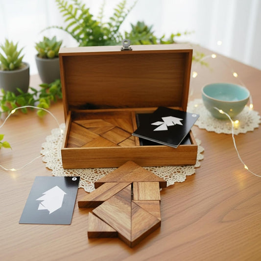 Logic Tangram Set with Play Cards Wooden Puzzle Game
