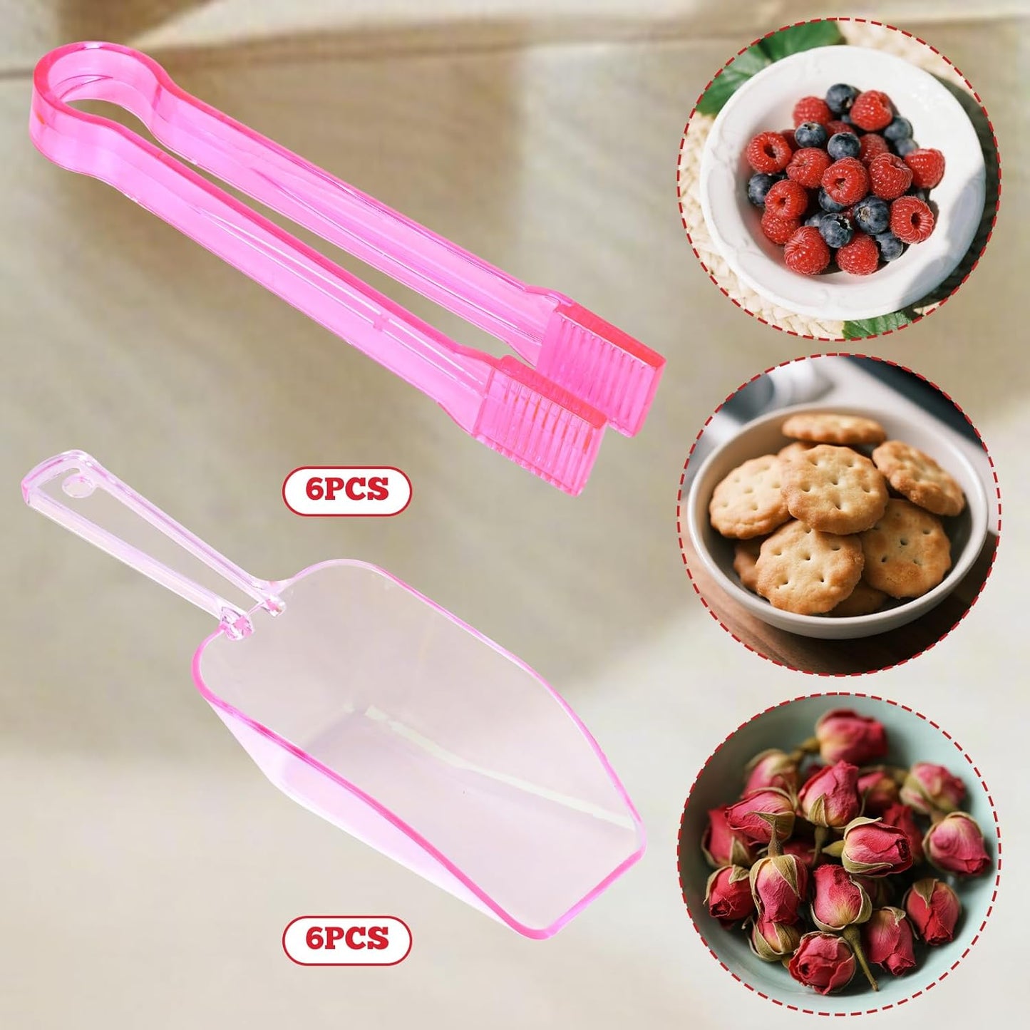 12Pcs Clear Plastic Ice Scoops Tongs Set, Small Tongs for Serving Food, Mini Candy Scoops for Candy Buffet Dry Goods Freezer Bin Canisters (Clear)