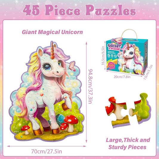 Unicorn Puzzle for Kids Ages 4-6,45 Pcs Jumbo Jigsaw Large Unicorn Floor Puzzles for Kids Ages 3-5,Glittery Floor Puzzle Ages 2-4,Birthday Gift Toys Floor Puzzles for 4-8 Years Old
