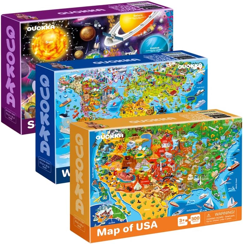 QUOKKA 3X Set Learning Board Games for Kids 8-12 - Educational Trivia Cards Ages 6-8 - Travel United States - World Map - Explore Outer Space - Gift for Children and Teens 4-8 - Jigsaw Puzzles