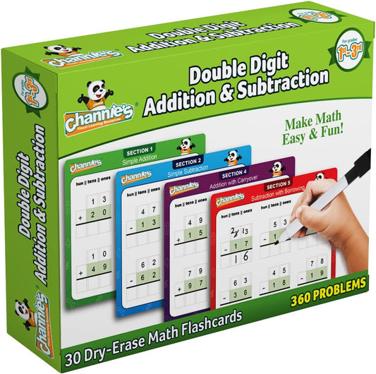 Channie’s Double Digit Addition and Subtraction Flash Cards, 30 Dry Erase Educational Math Flash Cards for Kids, Ideal for 1st to 3rd Grade, Level 2 Color-Coded Cards, 360 Two-Digit Problems