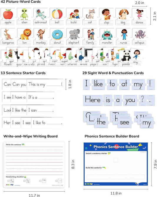 CHEFAN Sentence Building Phonics Flash Cards Kit, Sight Words & Picture Cards with Writing Board, Alphabet Learning Activities for Toddlers & Kids PreK Kindergarten 1st Grade, Speech Therapy Toys