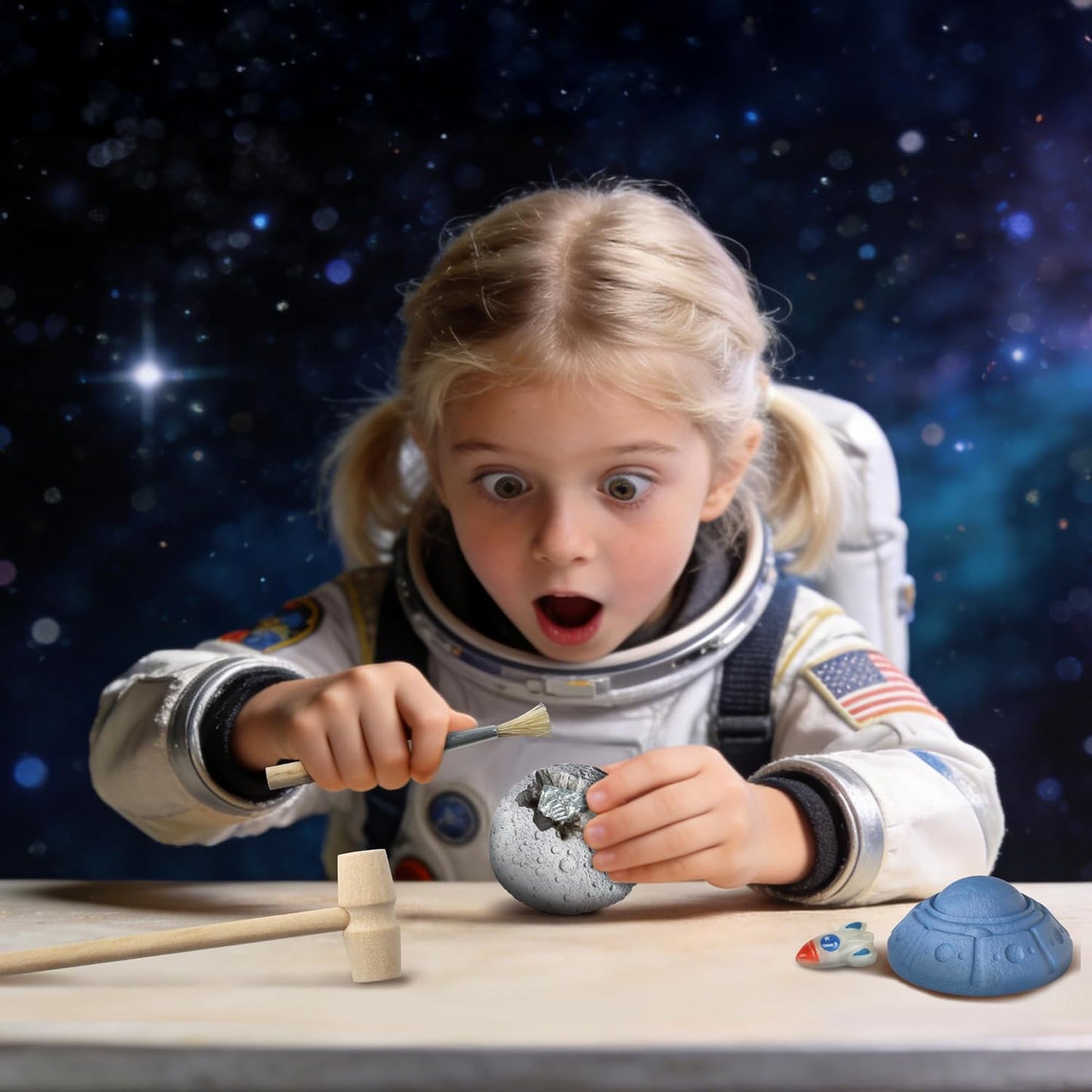 Mystery Space Dig Kit for Kids - 5-in-1 Solar System Excavation Toy with 5 Cosmic Treasures (Obsidian, Astronaut, Rocket, UFO, Footprint) - STEM Science Educational Gift for Boys & Girls