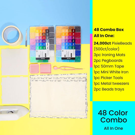 Pixiecraft Fuse Beads Kit 48 Colors 24,000 Count, 2.6mm Mini Size Set 58 pcs with Pegboards Tweezers, Ironing Paper, Mini Iron, Creative Gift for Kids Teens Adults (48 Colors with Tool Set)
