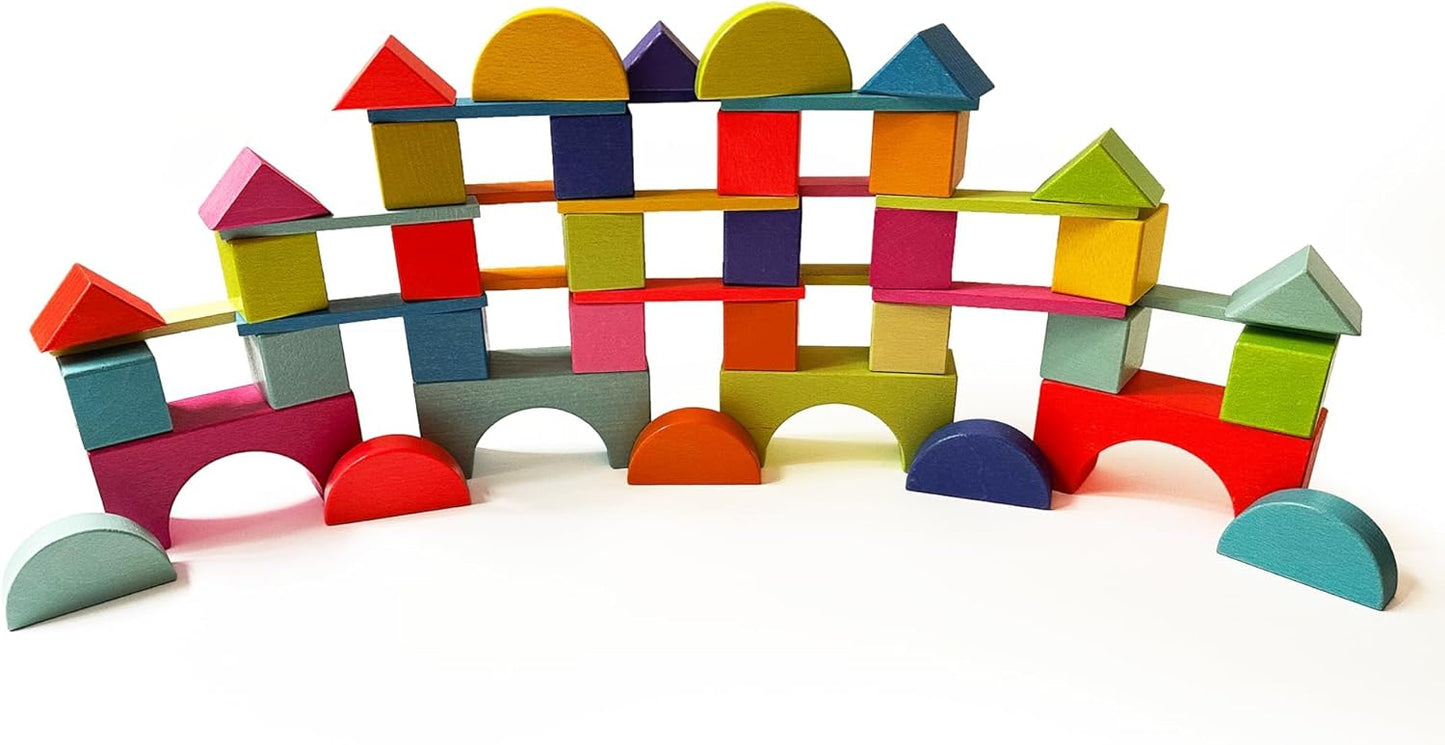 Quiggly Montessori Wooden Rainbow Building Blocks Set | 68-Piece Educational STEM Toy for Toddlers | Includes Storage Box with Carry Handles | Ideal for Ages 12-48+ Months (Wooden Storage Box)