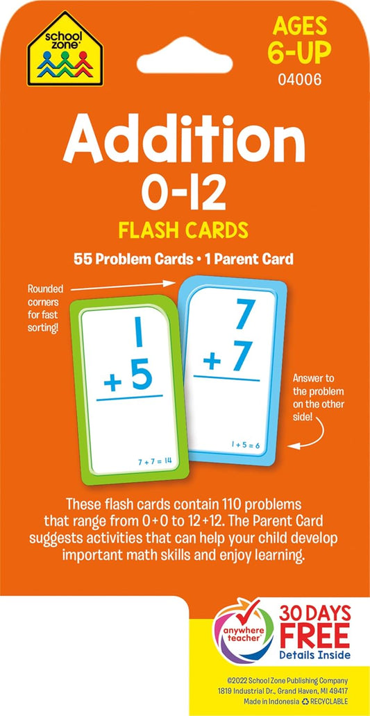School Zone Addition 0-12 Flash Cards: 56 Cards, 1st Grade, 2nd Grade, Numbers 0-12, Elementary Math, Problem Solving, Addition Problems, Counting, Ages 6+, Packaging May Vary