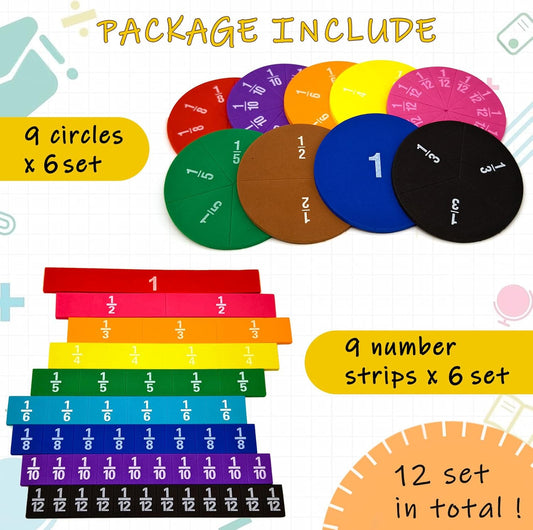 12 Sets Fraction Bars Include 6 Sets Fraction Tiles and 6 Sets Fraction Circles for Math Classroom Foam Fractions Manipulatives Math Manipulatives for Home School Supplies