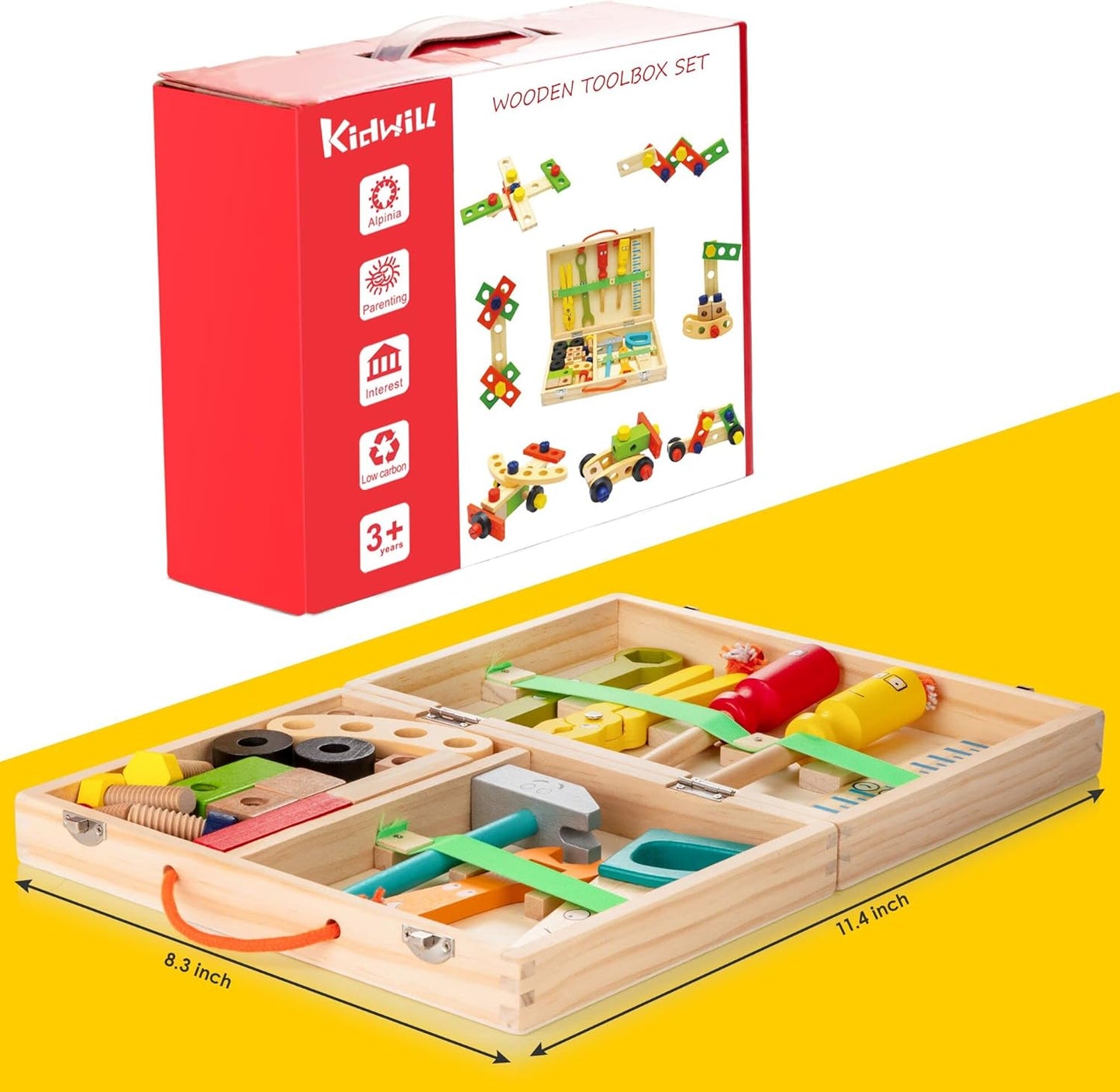 WOOOMAM Kids Tool Set, 90 PCS Wooden Toddler Tool Set with Box and Flash Cards, Tool Kit for Kids Age 3-5 Years, Toddler Boy Toys, FSC Certified Material