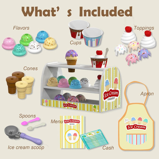 Ice Cream Play Set for Kids - Gifts for 2 3 4 Year Old Girls, Ice Cream Toy Counter Shop Pretend Play Food with Apron, Scoop, Menu, Fake Money, Toys Gifts for Boys Toddlers Ages 2-4 3-5