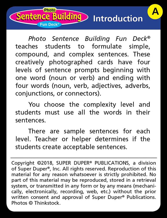 Super Duper Publications | Photo Sentence Building Fun Deck | Grammar and Early Reading Skills Flash Cards | Educational Learning Materials for Children