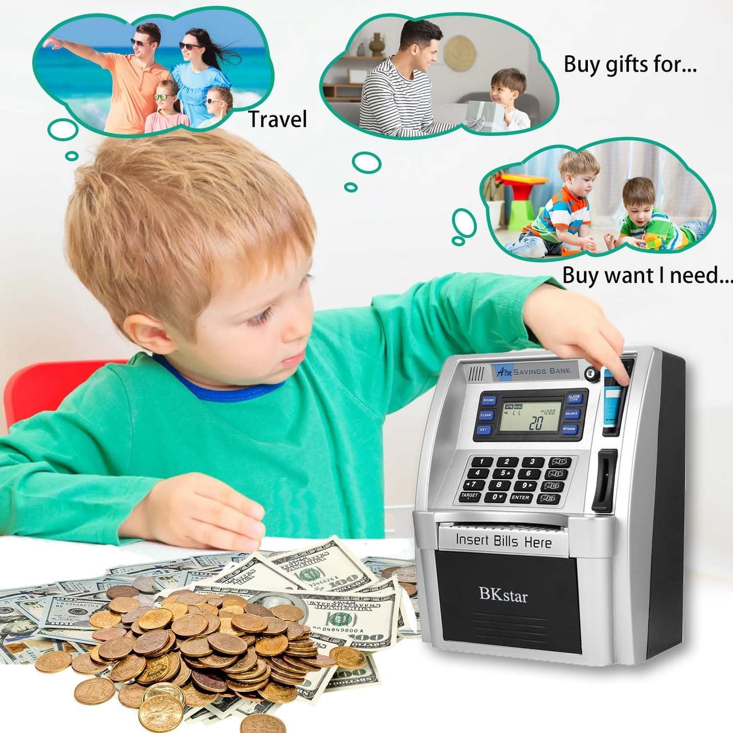 BKstar Kids Talking ATM Piggy Bank for Real Money with Dual Debit Cards, Power-Off Memory, Auto-Opening Drawer, Onekey Shutdown, Bill Feeder, Coin Recognition, Balance Calculator Machine