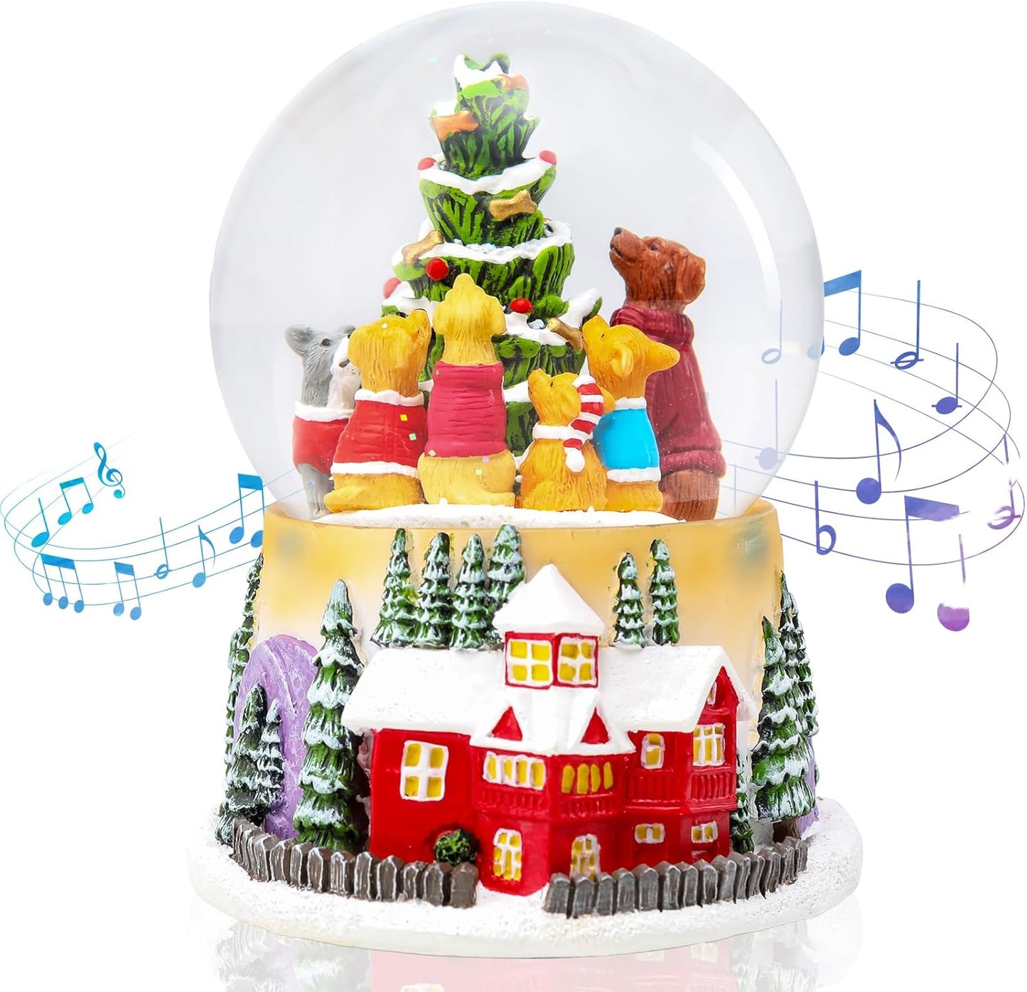 VCUTEKA Christmas Snow Globe, Lighted Musical Snow Globes with 6 Puppies Around Christmas Tree, Battery Operated Snow Globes for Kids Gift and Holiday Home Décor
