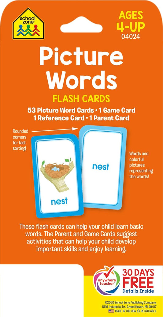 School Zone Picture Words Flash Cards: 56 Cards, Preschool, Kindergarten, Phonics, Early Reading Words, Sight Words, Word-Picture Recognition, Ages 4+