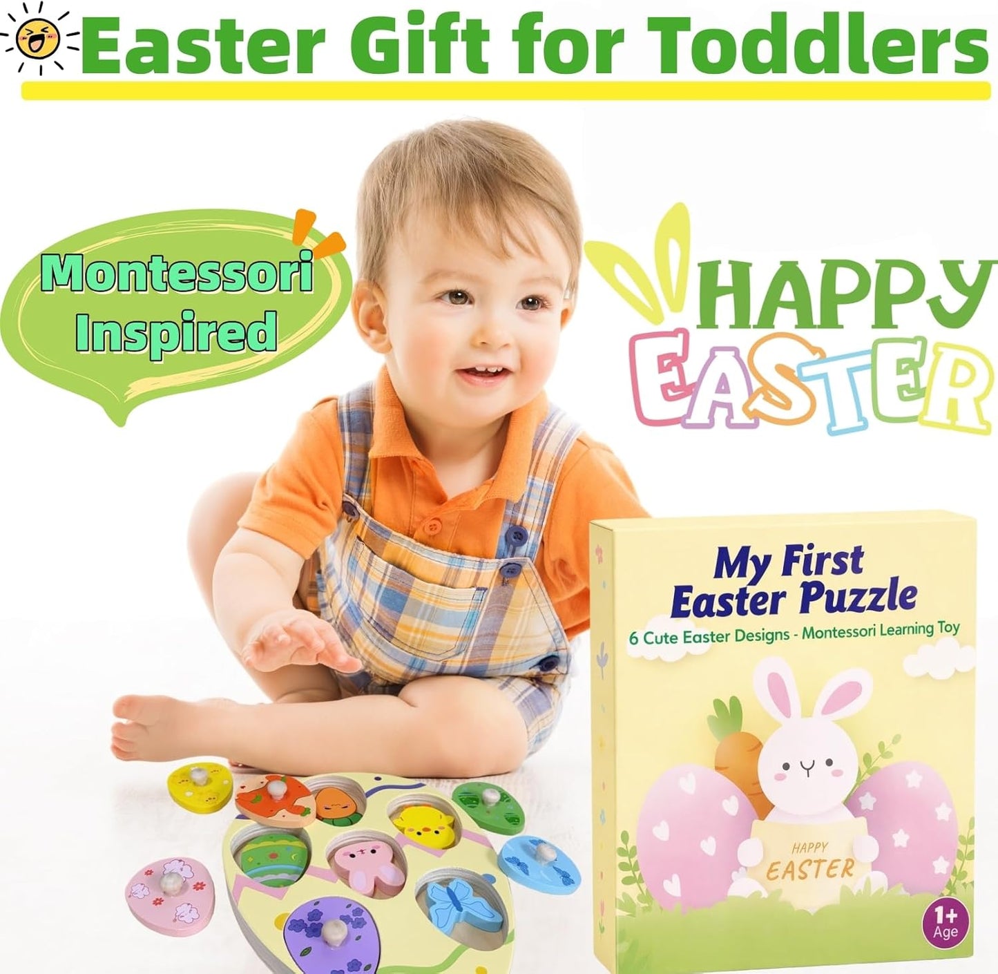 Easter Wooden Peg Puzzle for Toddlers 1 2 3 Years, 6 Colors & Shape Matching Pieces, Montessori Educational Learning Toys Easter Basket Stuffers