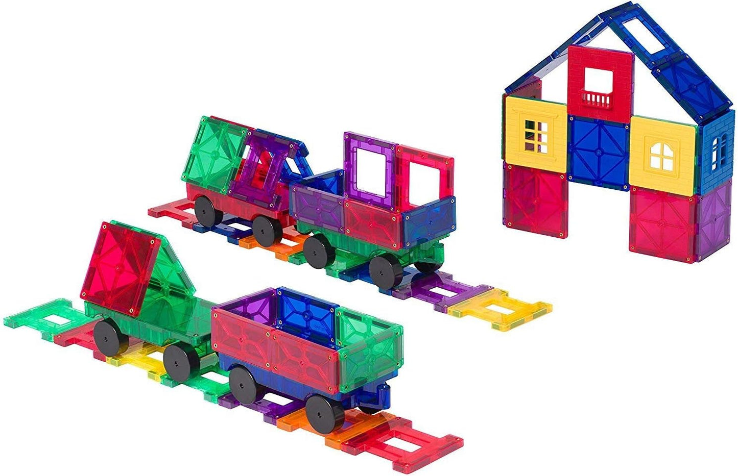 Playmags Magnetic Tiles Train Car Set for Kids - 55pcs Magnet Building Blocks Accessory Set with 4 Cars - Durable Creative STEM Learning Toys for Boys, Girls & Toddlers