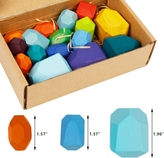 Cllayees 16 Pcs Wooden Stacking Blocks Rocks Building Toys, Colored Solid Wood Stones Pre-School Educational Games Creative Toys for Kids Toddlers