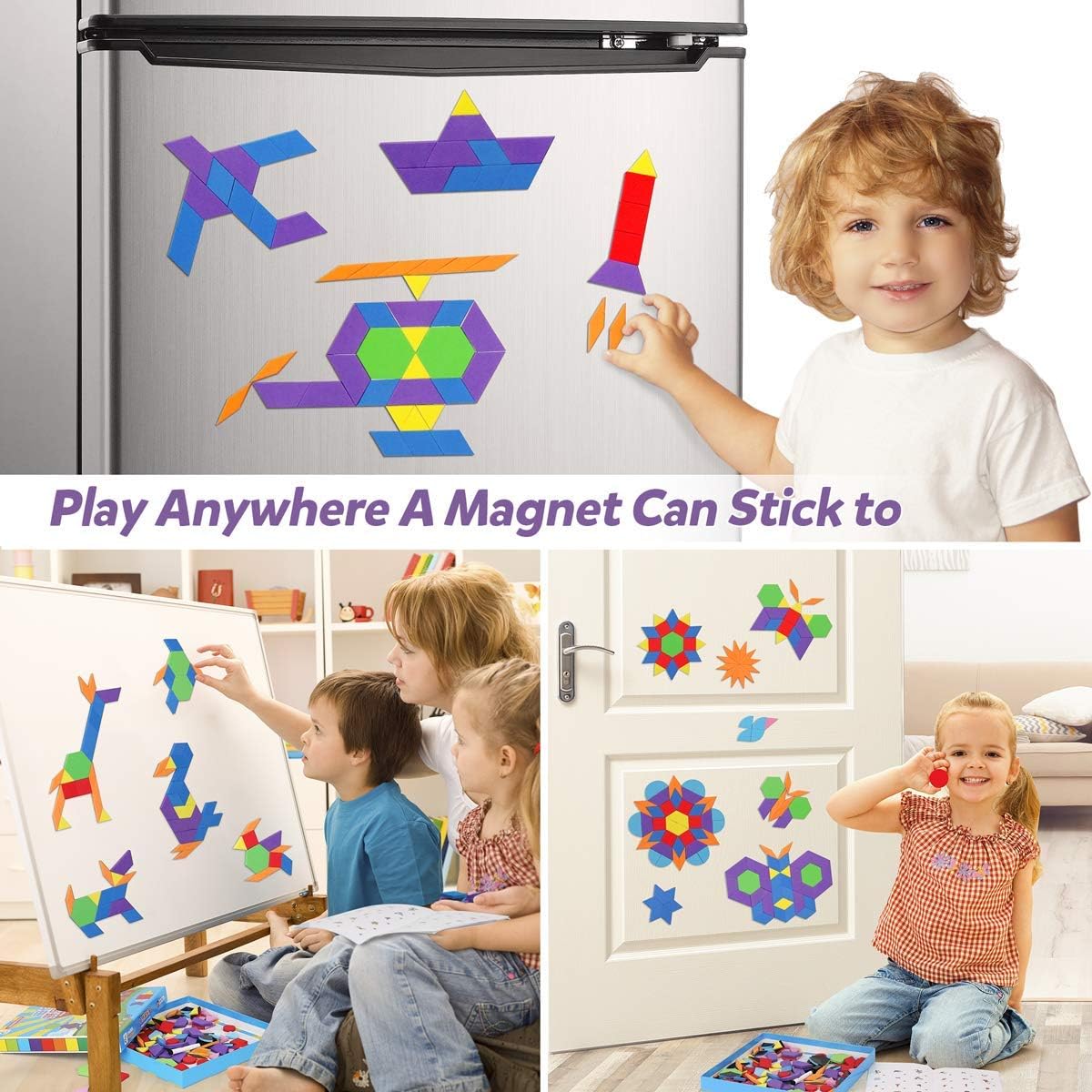 Vanmor 216PCS Magnetic Pattern Blocks Set Complete with 298 Pattern Book Magnet Board Magnetic Shapes for Kids Educational Montessori Tangram Toy for Children Aged 3 8 Portable Travel Game