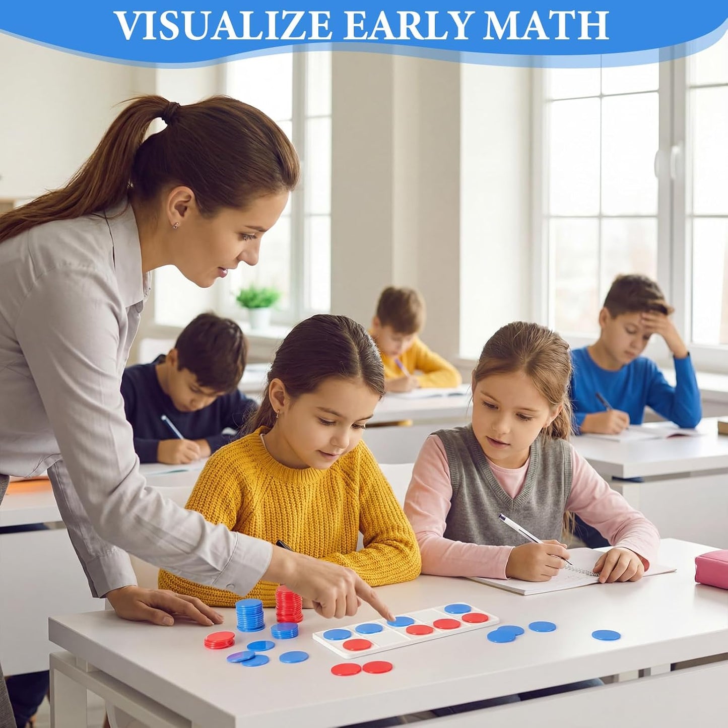 Soulchen 24 Sets Plastic Ten Frames for Classroom Math Manipulatives for Kids Classroom Math Counters Supplies Including 24 Plastic Ten Frames, 240 Counters for Teach Number Concepts (Red, Blue)