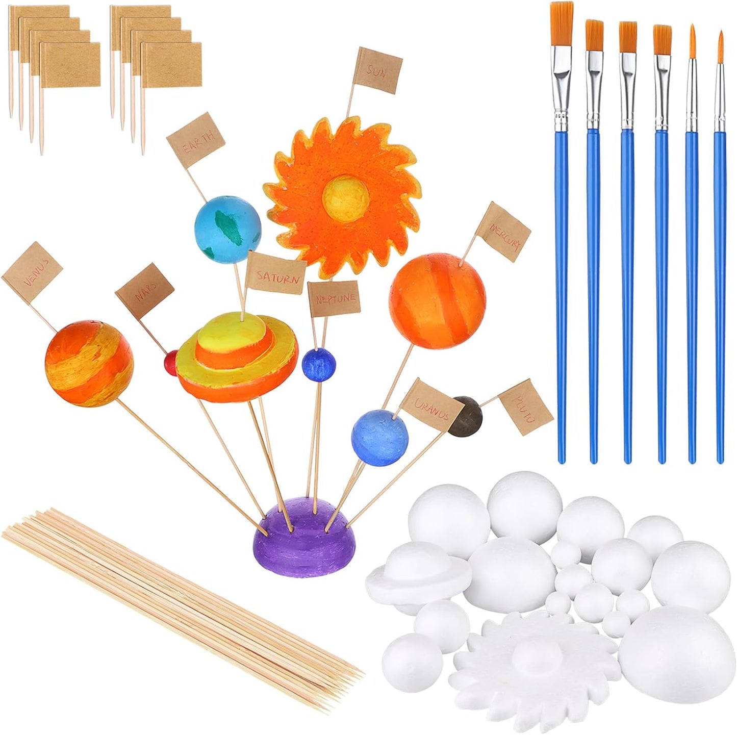 60 PCS Solar System Model Foam Ball Kit Includes 18 Mixed Sized Polystyrene Spheres Balls,18 Pieces Long Bamboo Sticks, 18 pieces Toothpick Flag, and 6 Pcs Painting Brushes for School Science Projects