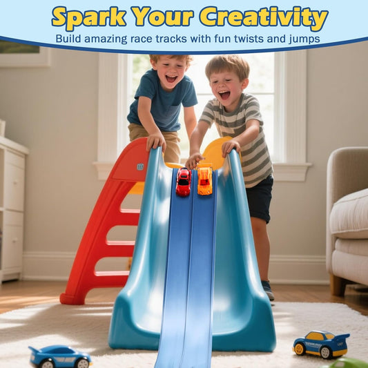 Flex Tracks 15 Ft Starter Set Flexible Race Track for Kids 3+, Flexible Car Track Race Car Ramp Track Compatible with Diecast 1/64th Cars, Portable Rolls Up Race Tracks with Strong Suction Cups
