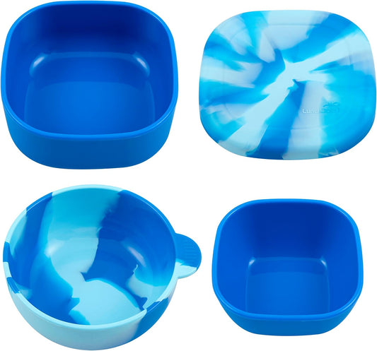 LunchBots Silicone Suction Bowl for Baby & Toddler, Stackable Nesting Bowl Set of 3 with Lid for Feeding, Portable Travel Bowls, Dishwasher Safe, 5/8/17 oz (Blue/Green)