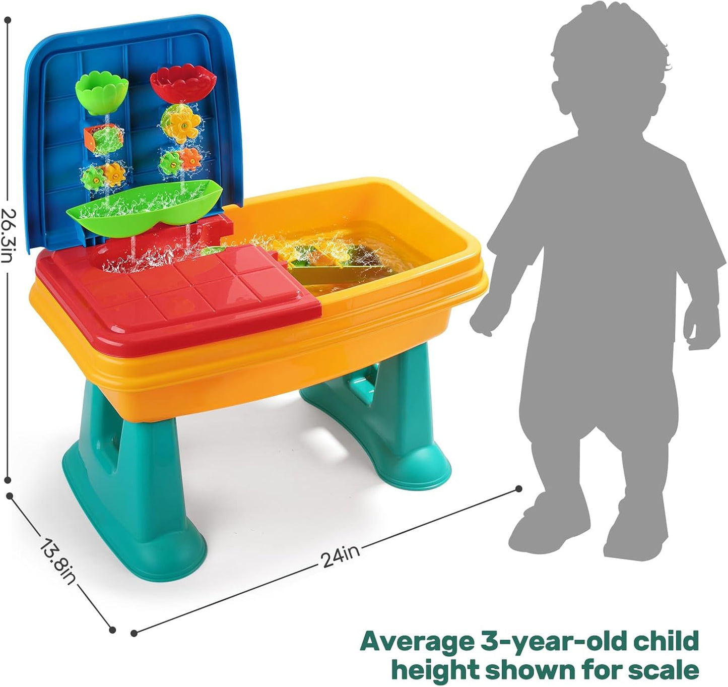 Kids Sand and Water Table, 2 in 1 Toddler Activity Table with Water Wheel & Sand Tools, Outdoor Indoor Sensory Play Sandbox Table for Toddlers, Summer Beach Water Toys for Boys Girls Age 3+