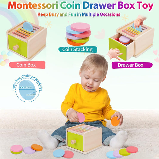 FCSONU Toddlers Montessori Coin Box Toys for 1 2 3 Year Old Boys Girls, Drawer Box Toy for Ages 2-4 Kids, Learning Color Sorting Sensory Toys, New Year Birthday for Baby 12-18 Months