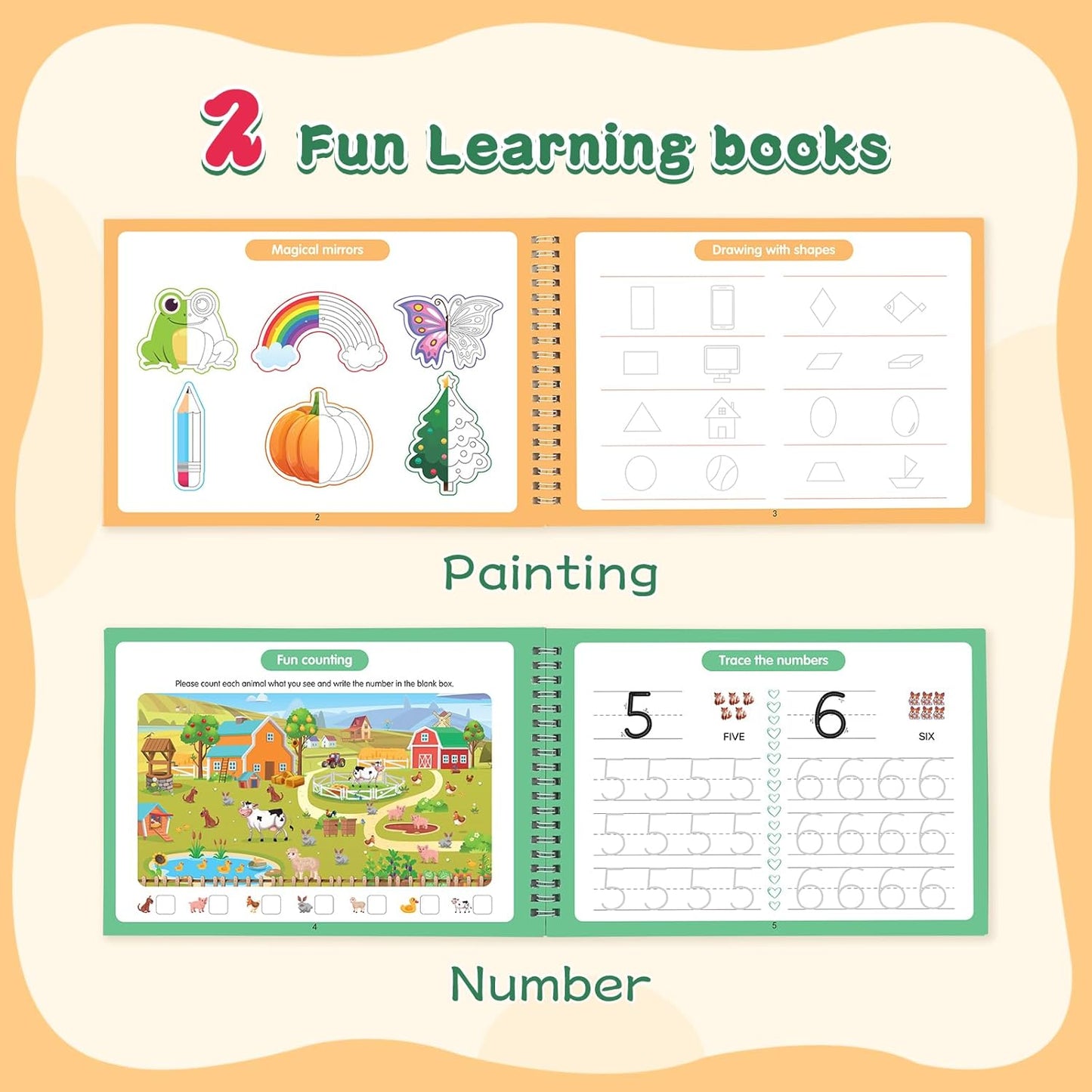 Large Grooved Handwriting Practice with Pencil Grips for Kids, 2 Pack 10.5 x 7 in Reusable Children's Magic Copybooks Children Tracing Books Ages 3-8 for Preschool Kindergarten Learning Activities
