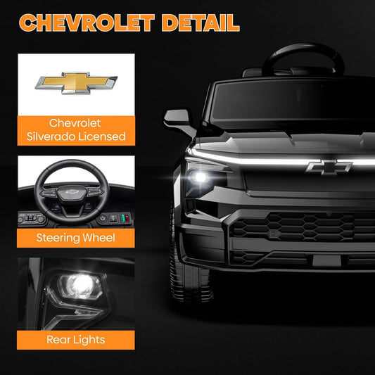 24V Licensed Chevrolet Silverado Electric Car for Kids, Ride on Toys for Toddlers with Remote Control, Soft Start, LED Lights, Music Player, Seat Belts, Easy to Assemble, Black