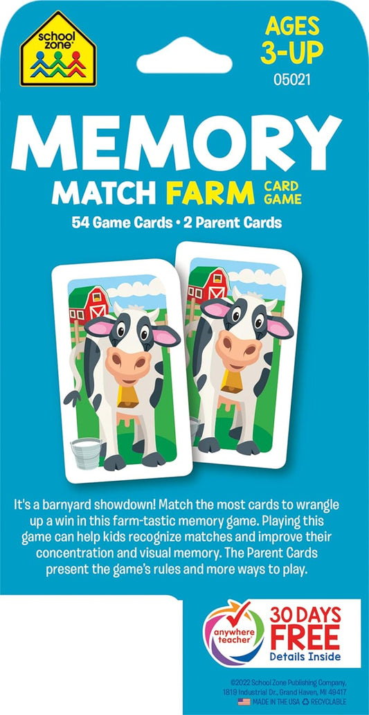 School Zone Memory Match Farm Card Game: 56 Game Cards, Preschool, Kindergarten, Animals, Early Reading, Counting, Matching, Vocabulary, Ages 3+