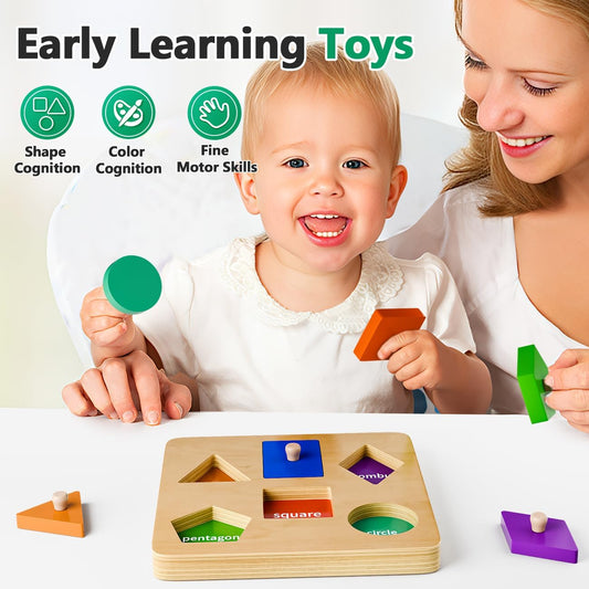 Wooden Shape Peg Puzzles for Toddlers 1 2 3 Year Old Boys Girls Gifts: Shape Sorter & Color Match Baby Puzzles 12-18-24 Months - Montessori Toys for 1 2 3 Year Old Toddler Learning Activities