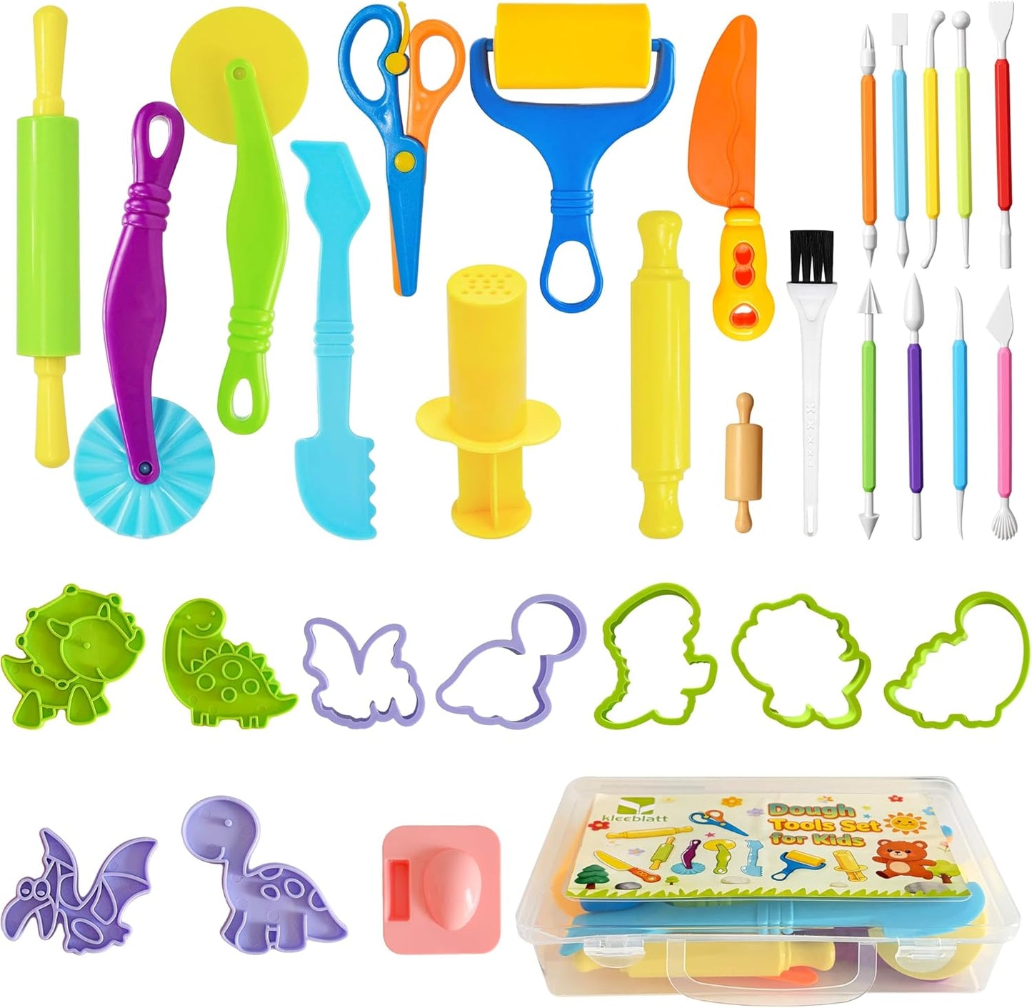 Kleeblatt Dough Tools Set for Kids - 19 Pcs Playdough Kit with 9 Basic Dough Tools, 9 Double-Headed Clay Carving Tools & Cleaning Brush, Safe for Toddlers Ages 2-8, for Clay/Plasticine/Sand