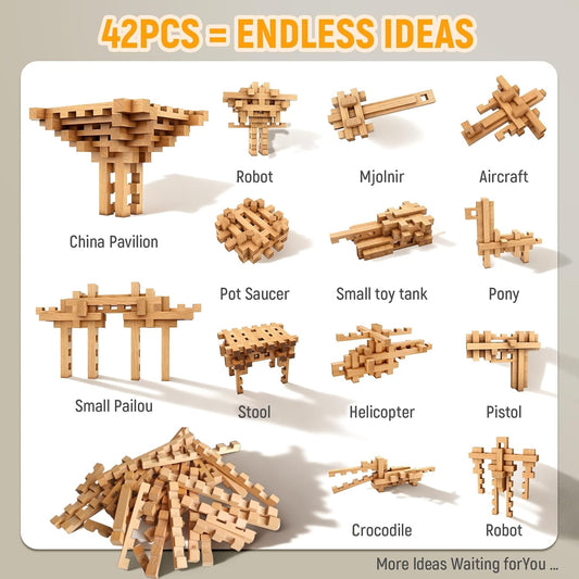 15 in 1 STEM Wooden Building Blocks -15+ Shapes, 3D Puzzle, Logic Brain Games, Educational Toys Gift for Kids and Classroom, Montessori STEM Toys for Ages 5+ to Adults