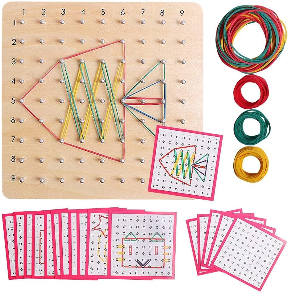 Skrtuan Wooden Geoboard with Pattern Cards & Rubber Bands, Montessori STEM Educational Toy for Kids 3-5 5-8 Years Old, Brain Teaser Puzzle Game for Geometry Learning and Creative Shapes